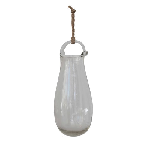 Hanging Hand-Blown Clear Glass Vase w/ Jute Hanger