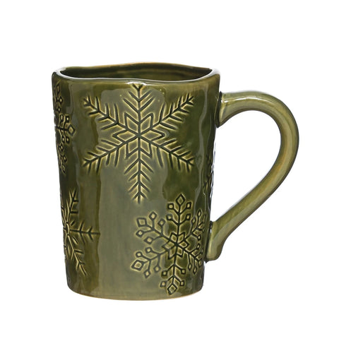 3-3/4" Round x 5"H 20 oz. Debossed Stoneware Mug with Snowflakes, Reactive Glaze, Green