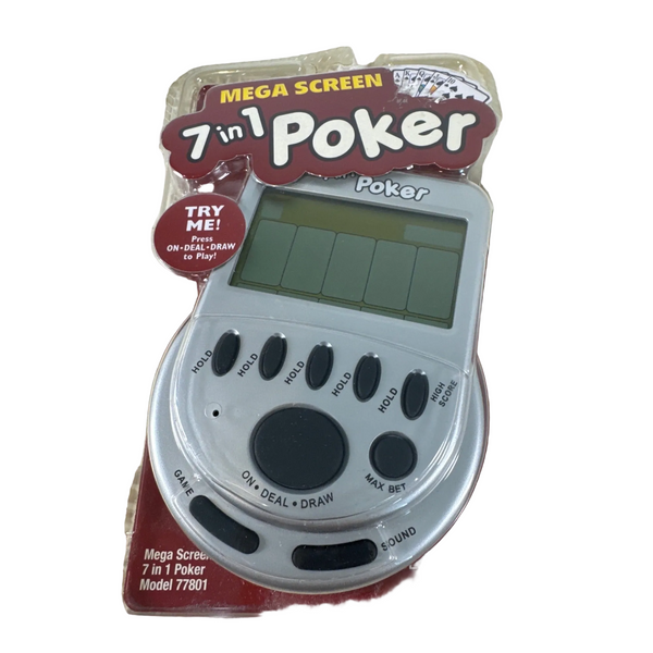Mega Screen 7 In 1 Poker Handheld Electronic Game With Large Display Vintage.A 7 in 1 Poker Mega Screen electronic card game controller in its original retail blister packaging, featuring a silver-gray face with black buttons and a green LCD display screen.