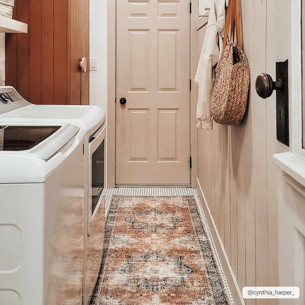 Rosman Distressed Washable Rug in laundry room