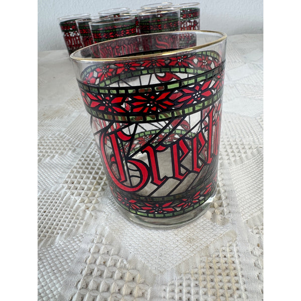Vintage 1970s Houze Holiday Glass Tumbler Stained Glass Design Gold Rim Christmas Theme