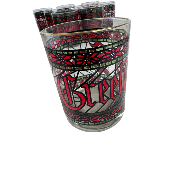 Vintage 1970s Houze Holiday Glass Tumbler Stained Glass Design Gold Rim Christmas Theme