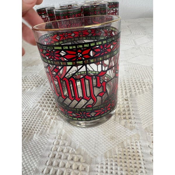 Vintage 1970s Houze Holiday Glass Tumbler Stained Glass Design Gold Rim Christmas Theme