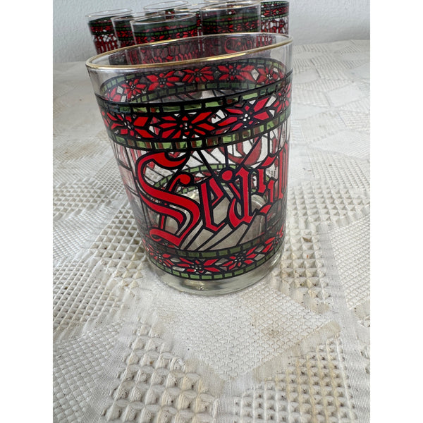Vintage 1970s Houze Holiday Glass Tumbler Stained Glass Design Gold Rim Christmas Theme