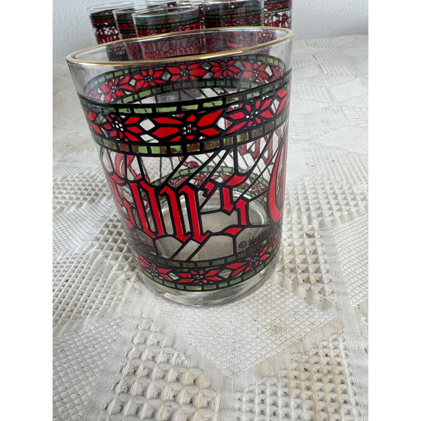 Vintage 1970s Houze Holiday Glass Tumbler Stained Glass Design Gold Rim Christmas Theme
