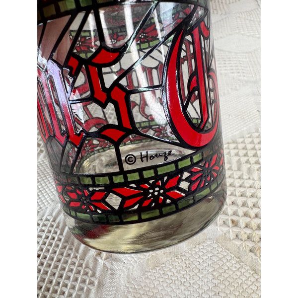 Vintage 1970s Houze Holiday Glass Tumbler Stained Glass Design Gold Rim Christmas Theme