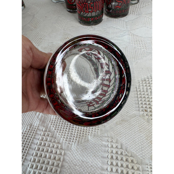 Vintage 1970s Houze Holiday Glass Tumbler Stained Glass Design Gold Rim Christmas Theme