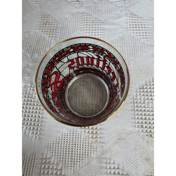 Vintage 1970s Houze Holiday Glass Tumbler Stained Glass Design Gold Rim Christmas Theme