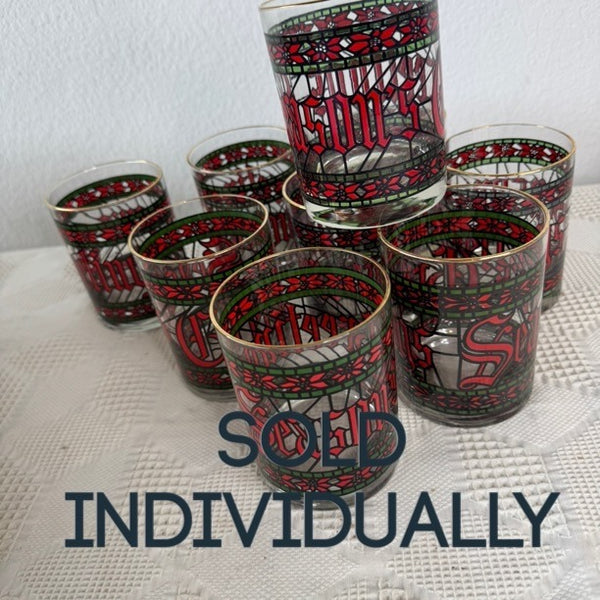 Vintage 1970s Houze Holiday Glass Tumbler Stained Glass Design Gold Rim Christmas Theme