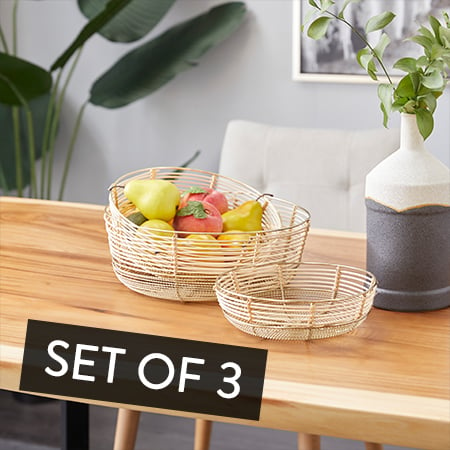 Round Coastal Metal and Bamboo Bowls with Gold Finish displayed with fruit