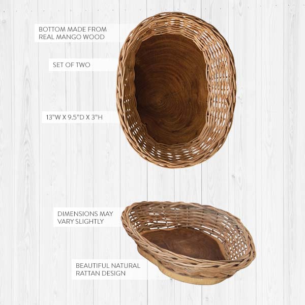 Hand-Woven Rattan & Mango Wood Live Edge Bowl, Set of 2 specifications