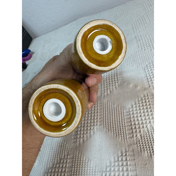 Vintage Brixham Pottery Ceramic Salt & Pepper Shakers Yellow Brown Pattern 1970s