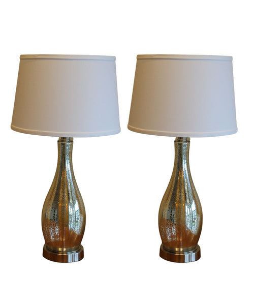 23" Teardrop Lamp Base 2 Pack, Mercury Silver/Gold Glass Table Lamp Set with White Linen Shades side view