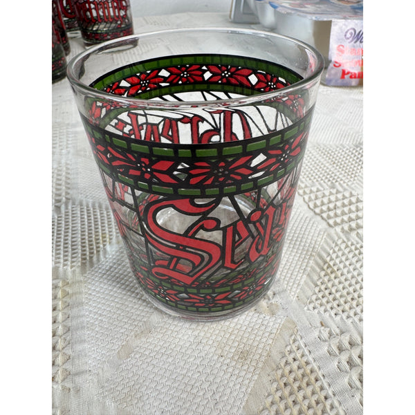 Vintage Houze Seasons Greetings Tumbler Glass w Stained Glass Holiday Style