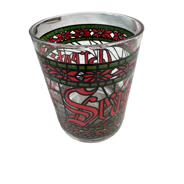 Vintage Houze Seasons Greetings Tumbler Glass w Stained Glass Holiday Style 