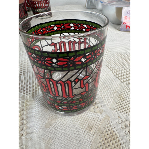 Vintage Houze Seasons Greetings Tumbler Glass w Stained Glass Holiday Style
