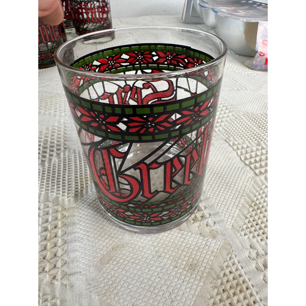 Vintage Houze Seasons Greetings Tumbler Glass w Stained Glass Holiday Style