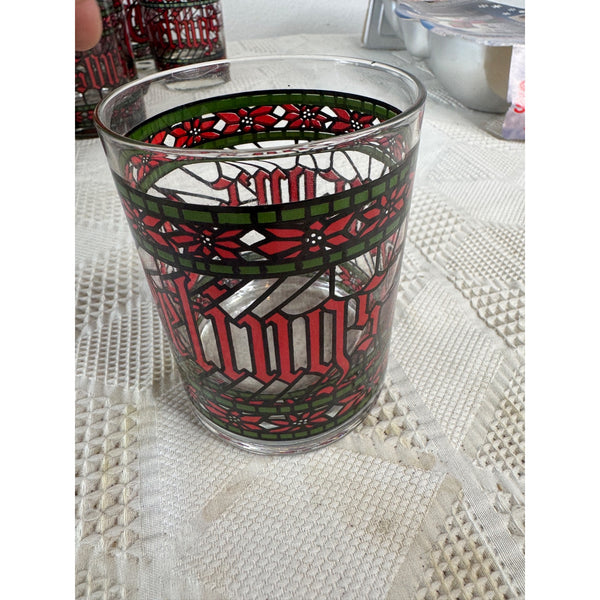 Vintage Houze Seasons Greetings Tumbler Glass w Stained Glass Holiday Style