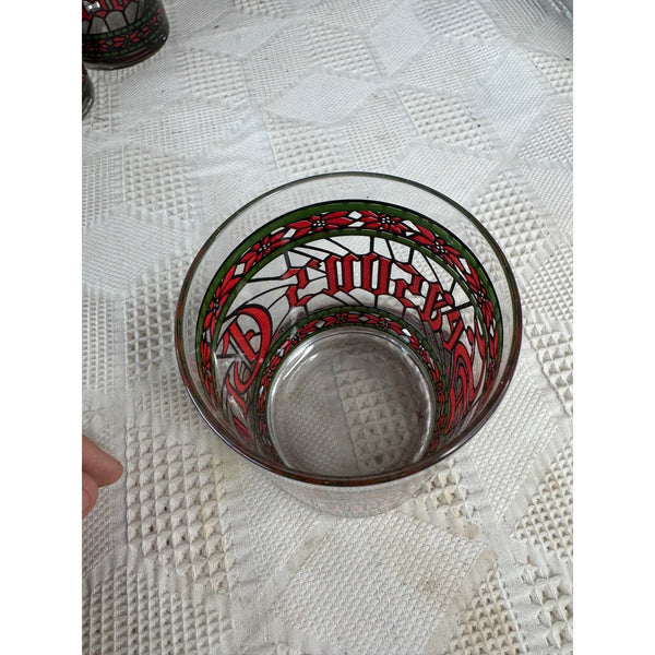 Vintage Houze Seasons Greetings Tumbler Glass w Stained Glass Holiday Style