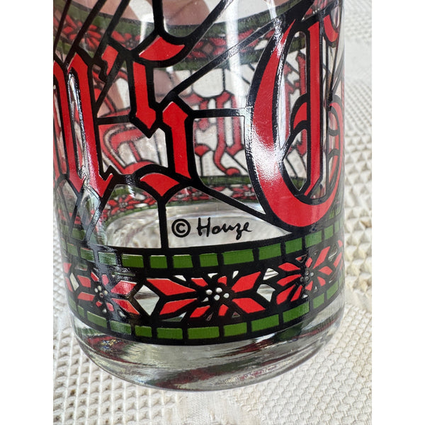Vintage Houze Seasons Greetings Tumbler Glass w Stained Glass Holiday Style