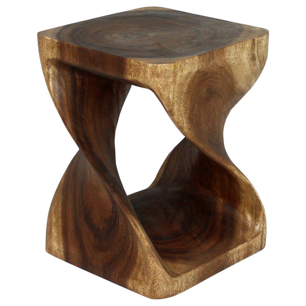 Wood Twist End Table 15 x 15 x 20 inch High Walnut Oil showing side and top