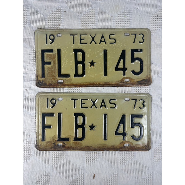 Pair Of 1973 Texas License Plates FLB 145 Vintage White w Black Embossed Letters