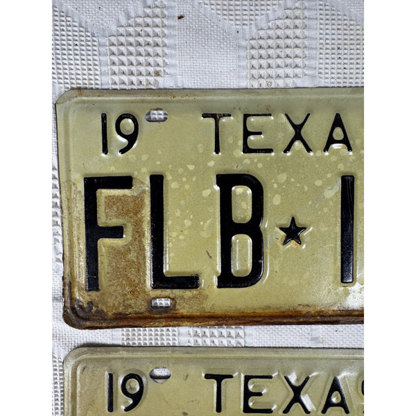 Pair Of 1973 Texas License Plates FLB 145 Vintage White w Black Embossed Letters