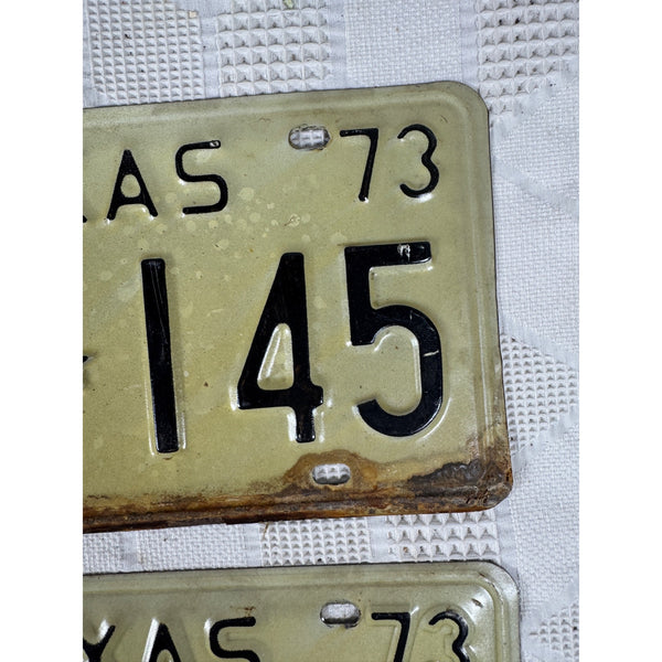 Pair Of 1973 Texas License Plates FLB 145 Vintage White w Black Embossed Letters