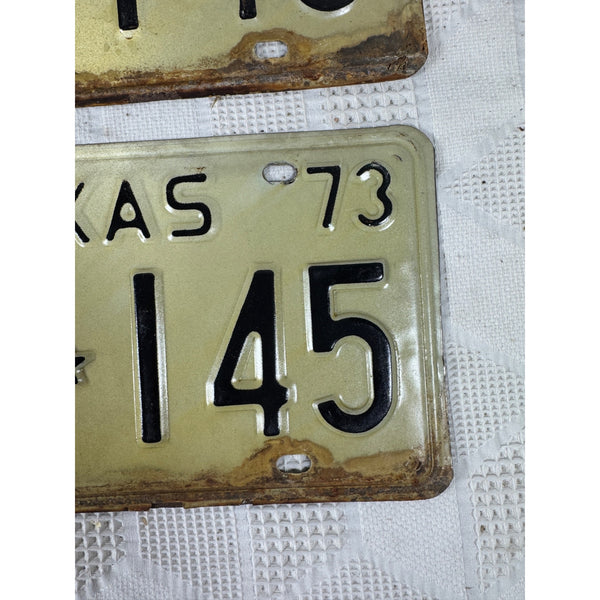 Pair Of 1973 Texas License Plates FLB 145 Vintage White w Black Embossed Letters