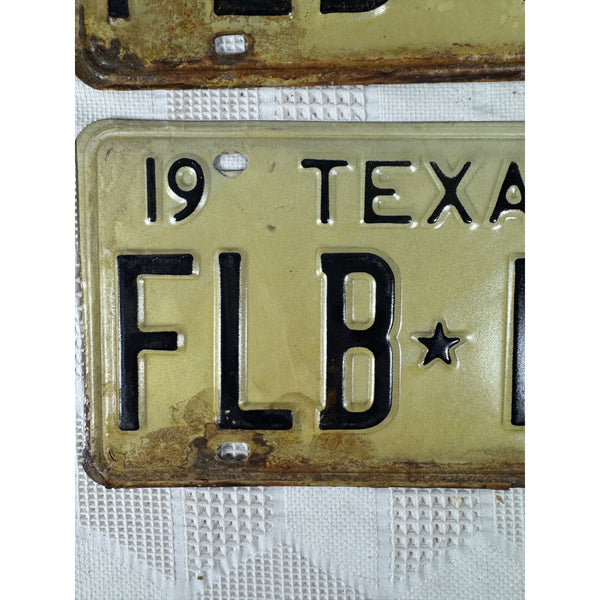 Pair Of 1973 Texas License Plates FLB 145 Vintage White w Black Embossed Letters