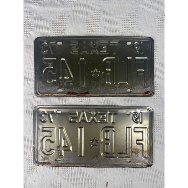 Pair Of 1973 Texas License Plates FLB 145 Vintage White w Black Embossed Letters