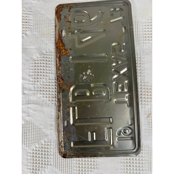 Vintage 1973 Texas License Plate FLB 146 Black Embossed Lettering On White Metal