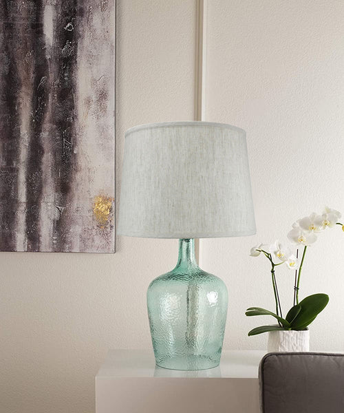 19"h Artisanal Hand-Blown Aqua Green Sea Glass Coastal Style Table Lamp with Textured Oatmeal Drum Shade on side table