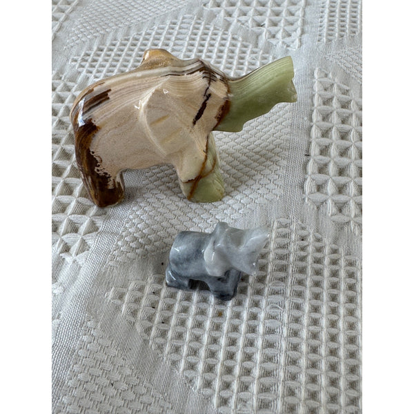 Hand Carved Banded Onyx Elephants Pair of Figurines Natural Stone Decor Set