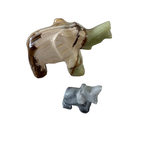 Hand Carved Banded Onyx Elephants Pair of Figurines Natural Stone Decor Set