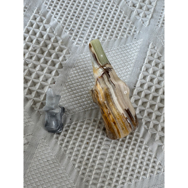 Hand Carved Banded Onyx Elephants Pair of Figurines Natural Stone Decor Set