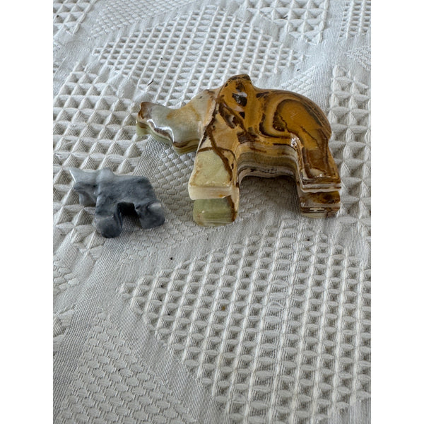 Hand Carved Banded Onyx Elephants Pair of Figurines Natural Stone Decor Set