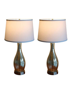 23" Teardrop Lamp Base 2 Pack, Mercury Silver/Gold Glass Table Lamp Set with White Linen Shades