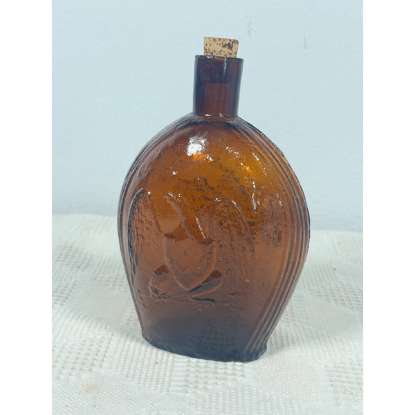 Vintage Clevenger Amber Glass Bottle w Embossed Eagle and Grapes Pattern 1950s