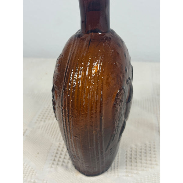 Vintage Clevenger Amber Glass Bottle w Embossed Eagle and Grapes Pattern 1950s
