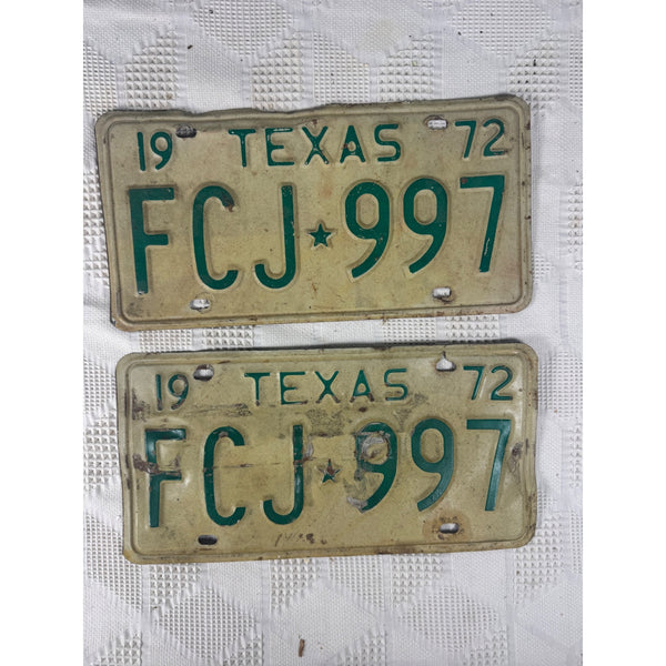 Texas 1972 License Plates Pair FCJ 997 White w Green Embossed Lettering Vintage