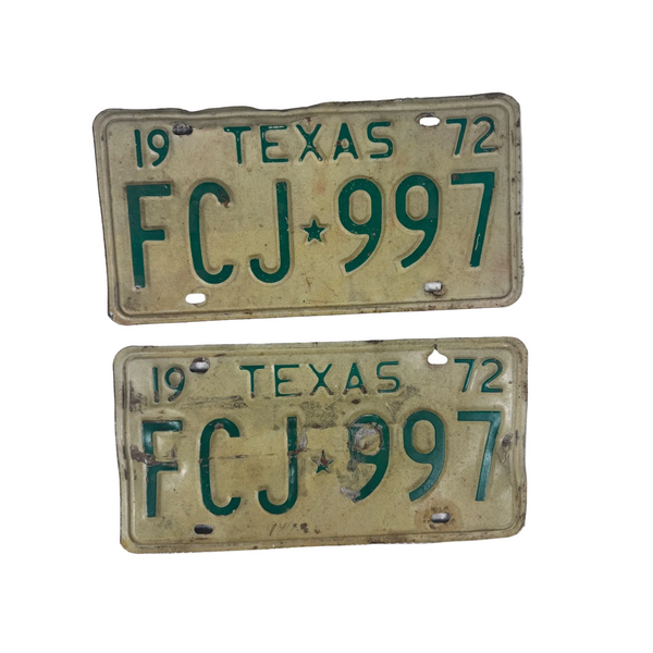 Texas 1972 License Plates Pair FCJ 997 White w Green Embossed Lettering Vintage