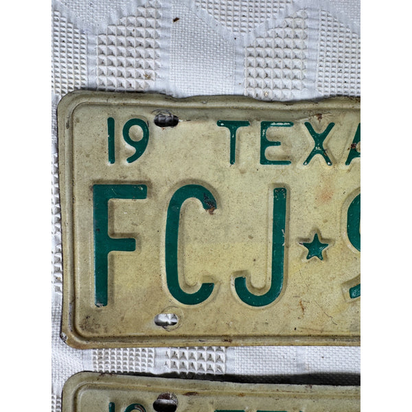 Texas 1972 License Plates Pair FCJ 997 White w Green Embossed Lettering Vintage