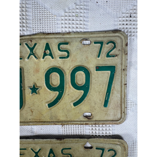 Texas 1972 License Plates Pair FCJ 997 White w Green Embossed Lettering Vintage