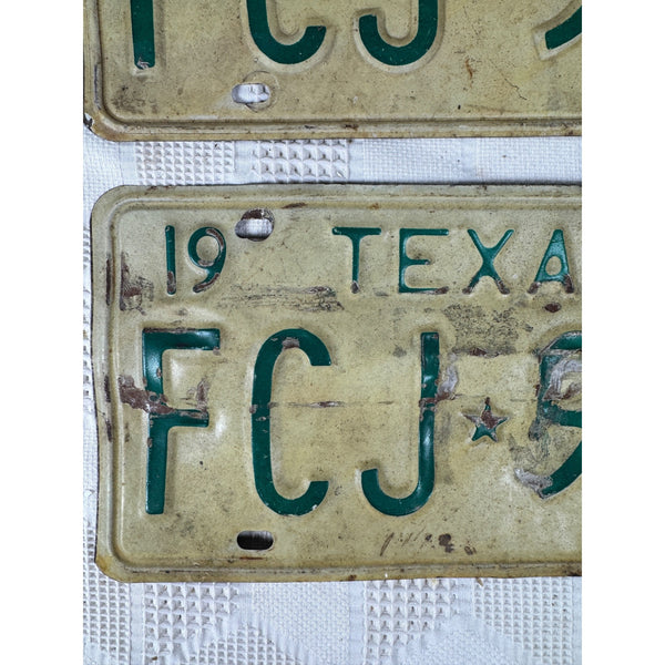 Texas 1972 License Plates Pair FCJ 997 White w Green Embossed Lettering Vintage