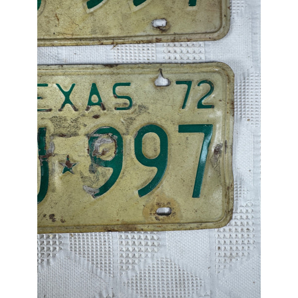 Texas 1972 License Plates Pair FCJ 997 White w Green Embossed Lettering Vintage
