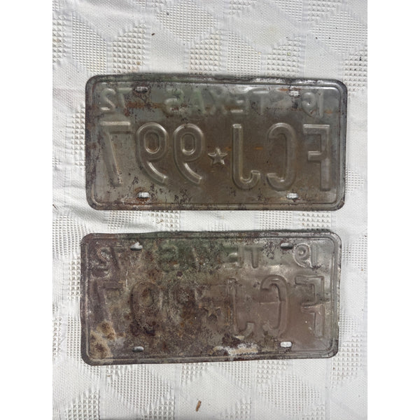 Texas 1972 License Plates Pair FCJ 997 White w Green Embossed Lettering Vintage