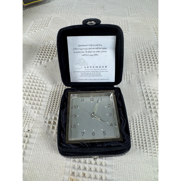 Levenger Silver Desk Clock In Black Travel Case With Fold Out Stand