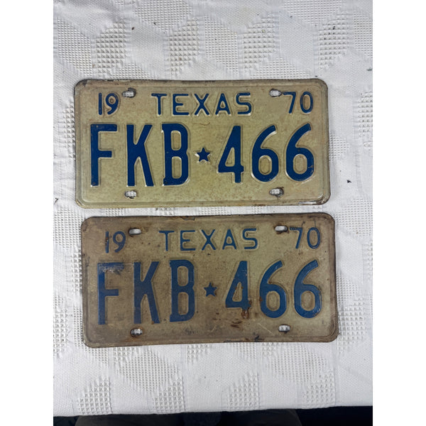 Vintage 1970 Texas License Plates Pair FKB White w Blue Embossed Lettering