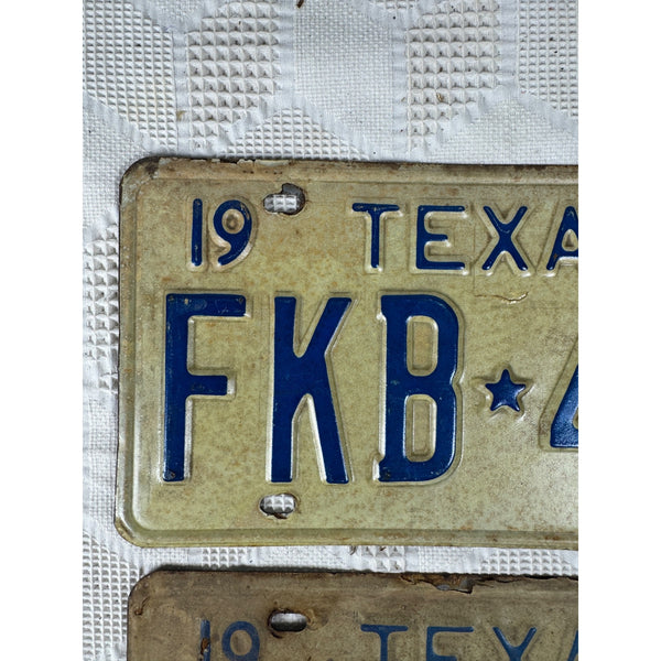 Vintage 1970 Texas License Plates Pair FKB White w Blue Embossed Lettering